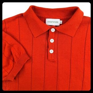OXKNITSTORE Retro Knit Polo Shirt Men Medium Rust Red Orange Ribbed Short Sleeve